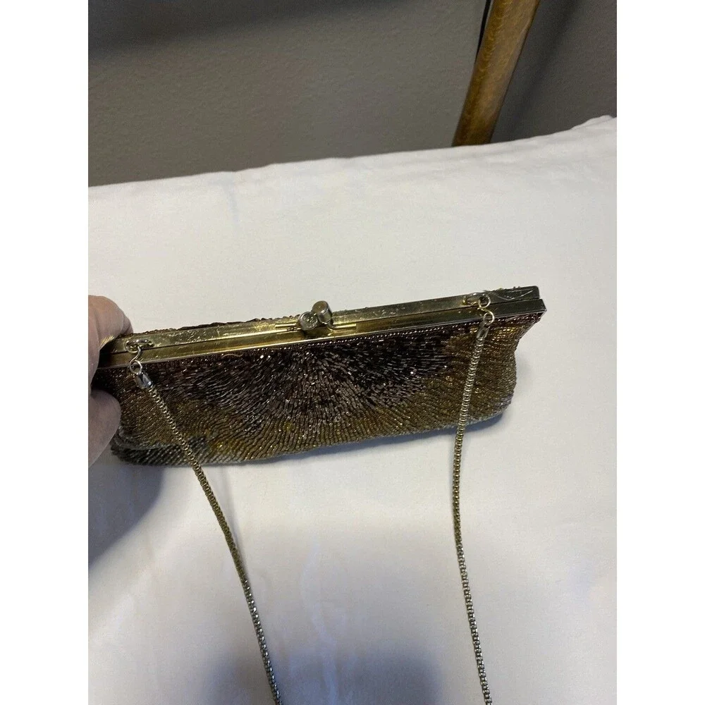 Silver, Bronze, Gold Beaded Party Purse w/Snap Kiss Closure Vintage